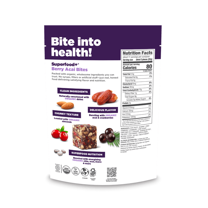 Navitas Organics Berry Acai Superfood+ Bites packaging with purple and white design on a light  background