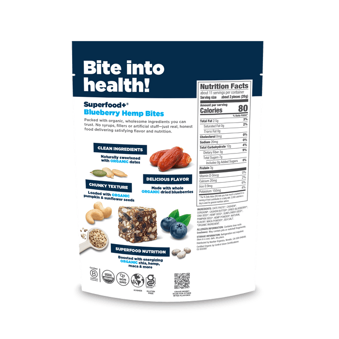 Package of Navitas Organics Superfood+ Blueberry Hemp BITES with nutritional information on a black background