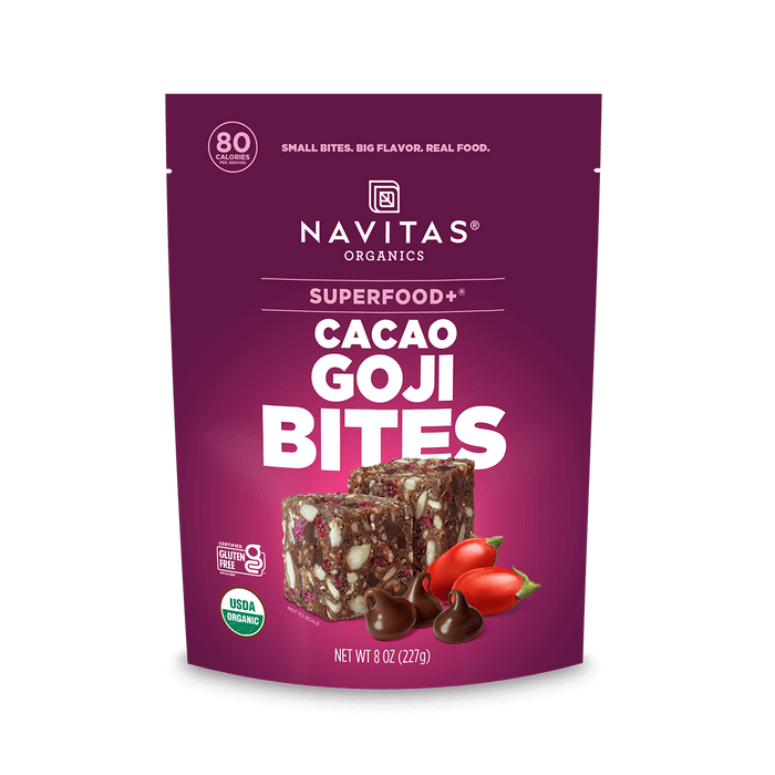 Package of Navitas Organics Superfood+ Cacao Goji BITES, highlighting non-GMO, USDA organic, and vegan certifications.