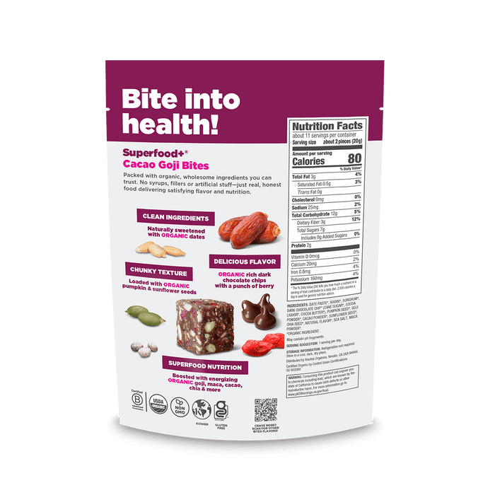 Navitas Organics Superfood+ Cacao Goji BITES packaging with nutritional information on a black background