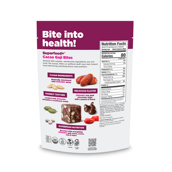 Package of Superfood Cacao Goji Bites with nutritional information on a black background