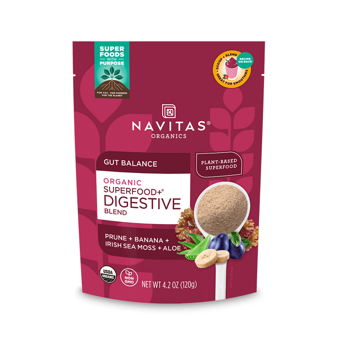 Navitas Organics Superfood Digestive Blend with enzymes 4.2 oz package on a blank background.