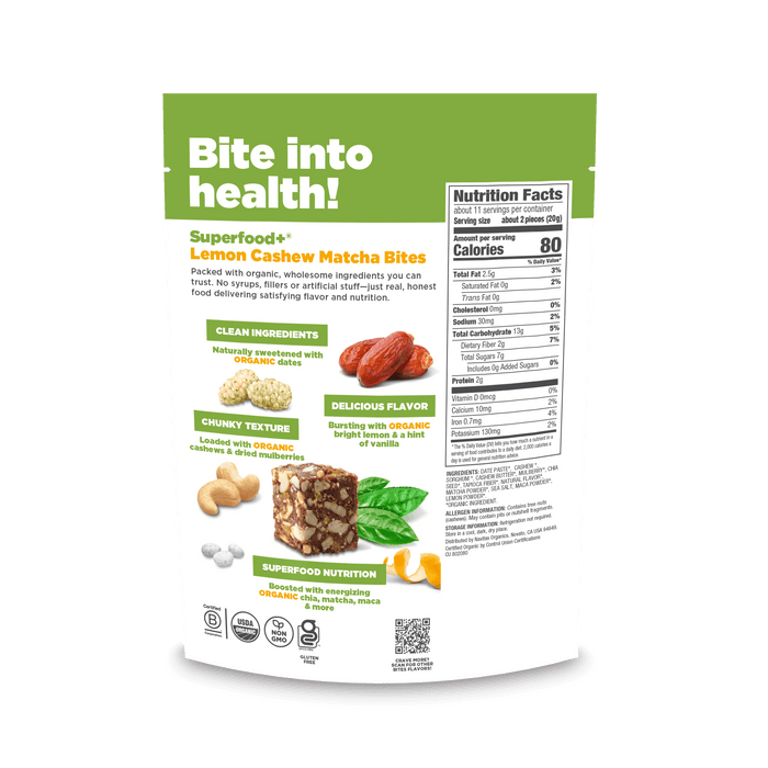 Navitas Organics Lemon Cashew Matcha Superfood+ Bites packaging with nutritional information on a light background