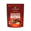 Navitas Organics Superfood+ Salted Peanut Chocolate BITES with dark chocolate-covered salted peanuts blended into bite-sized pieces on packaging against a white background.