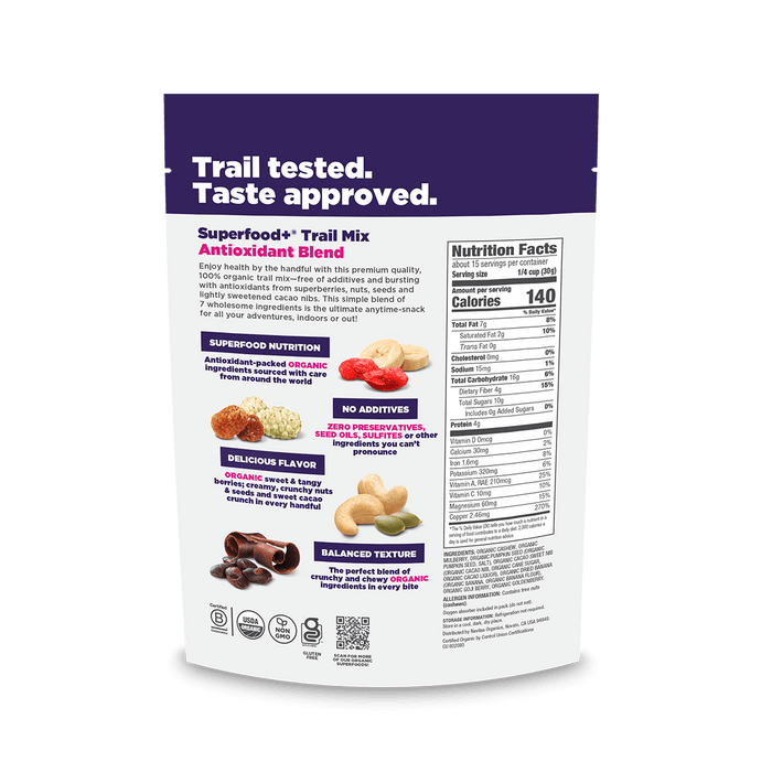 Navitas Organics Superfood+ Trail Mix Antioxidant Blend packaging with nutritional information on a blank background