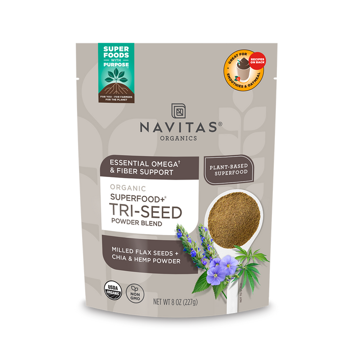 Navitas Organics Tri-Seed Powder Blend package on a blank background