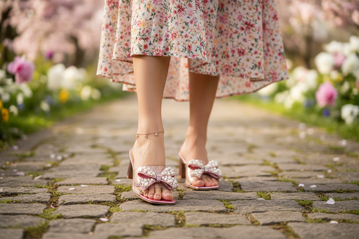 Titus Ivy Pink Metallic Slip-On Mule Sandals with Transparent Vamp Strap, Rhinestone Pearl Bow and Block Heel - Spring Garden Lifestyle Image