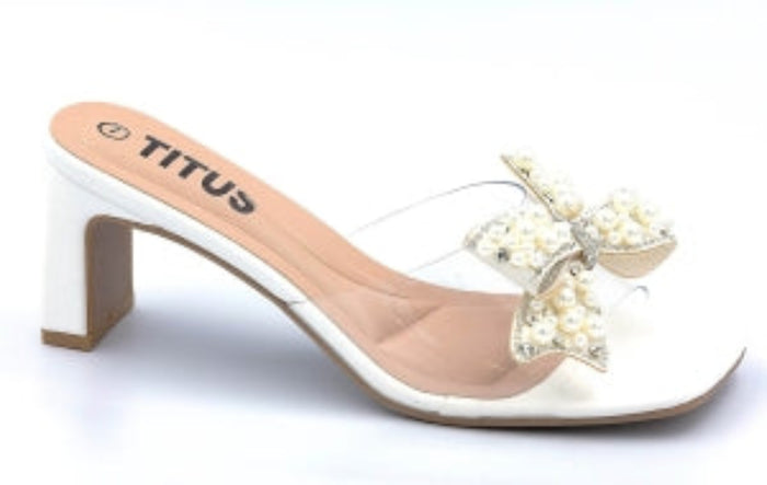 Block Heel Mule Sandals with Bow Embellishment & Pearl Beads