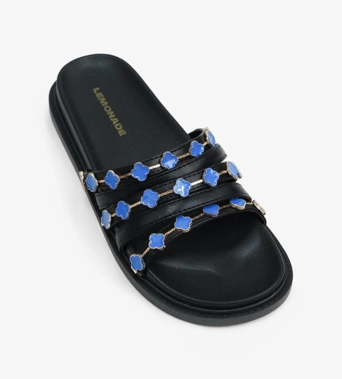 Black Clover Charm Slide Sandals – Embellished Flat Sandals