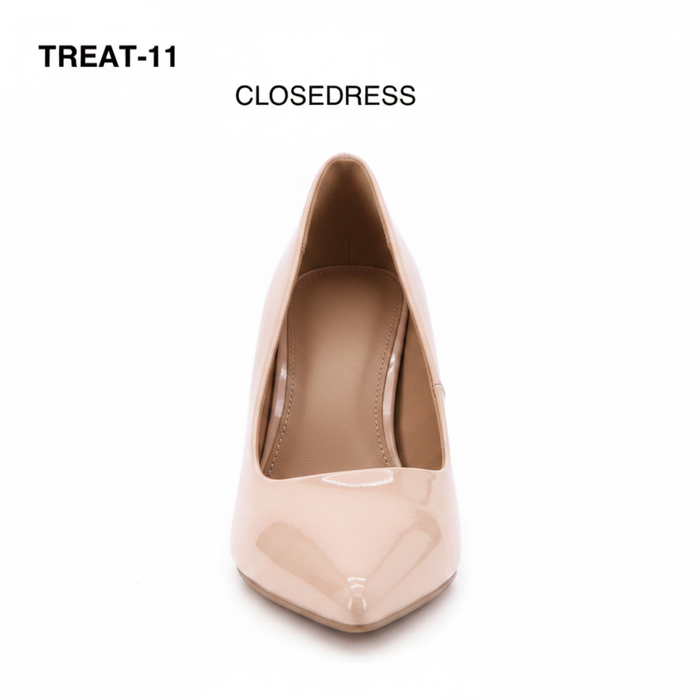 High-Vamp Court Pump – Nude Patent Leather Mid-Heel