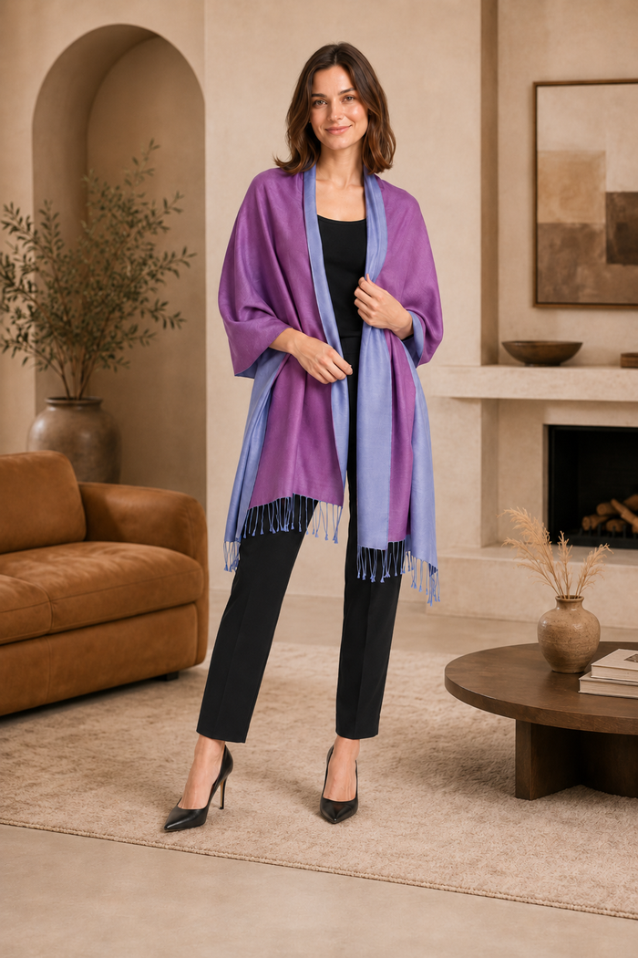 Two Tone Reversible Pashmina Wrap in Blue and Purple