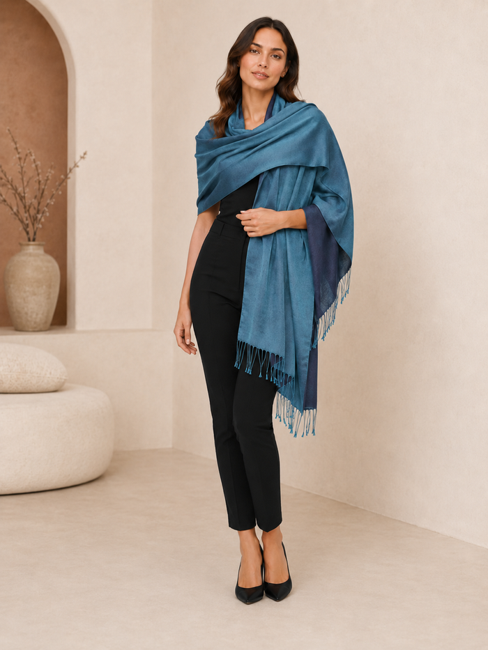 Two Tone Reversible Pashmina Wrap in Blue