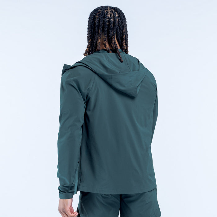 Dark green hooded zip jacket, back view with full-length zipper