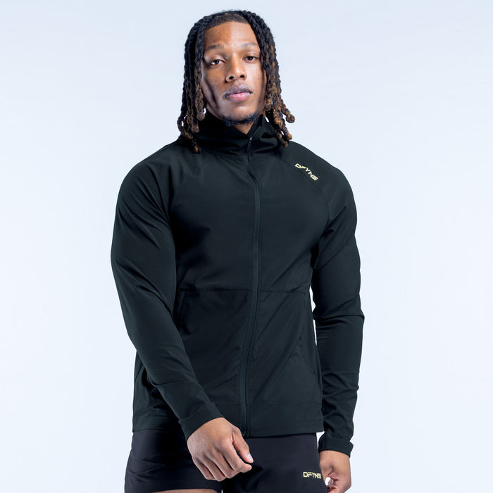 Dark hooded jacket with zipper front and small chest logo, front view