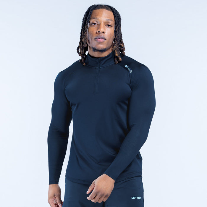 Dark navy quarter-zip pullover with standing collar, long sleeves, front view