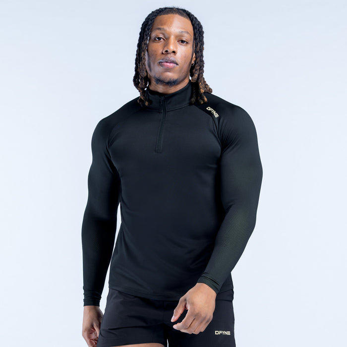 Black quarter-zip athletic top with front zip and side logo