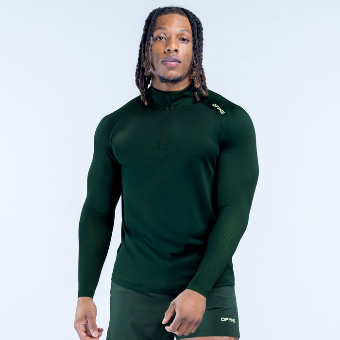 Dark green quarter-zip pullover with long sleeves and zip neck