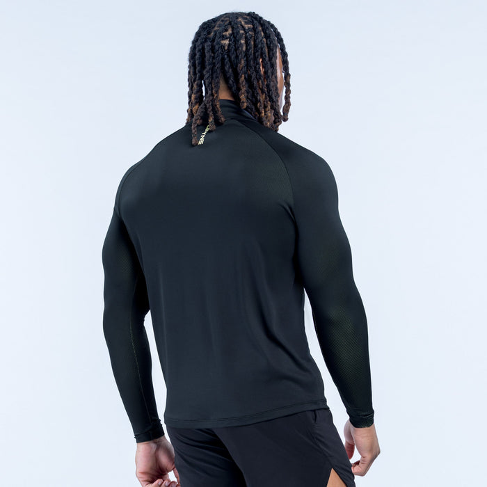 Black quarter-zip athletic top, back view with long sleeves and rear logo