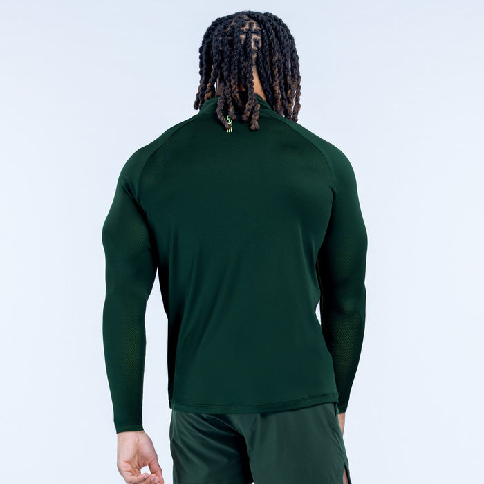 Dark green quarter-zip pullover, back view with long sleeves and zip collar