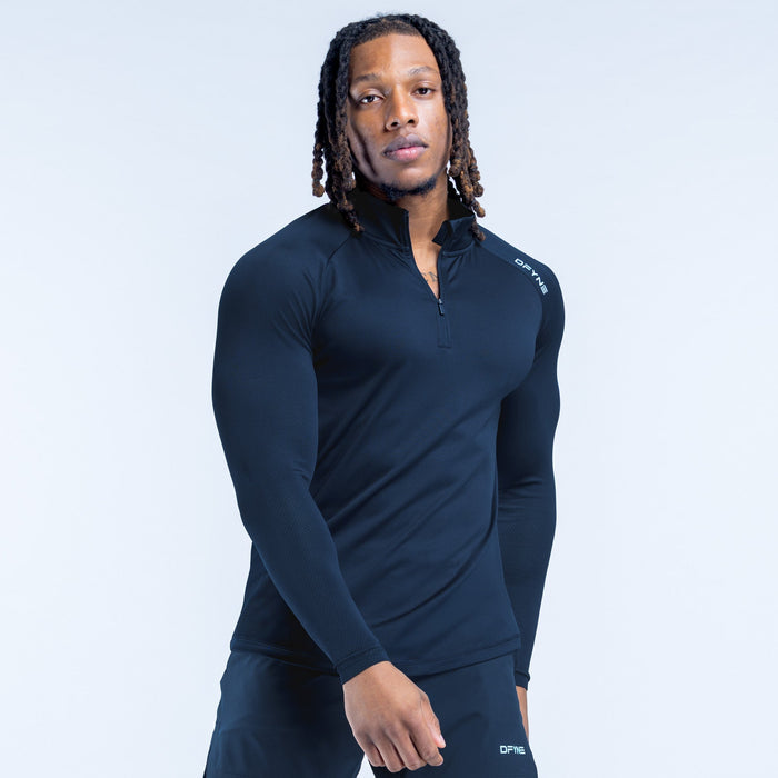 Dark navy quarter-zip athletic top with long sleeves and half-zip neckline