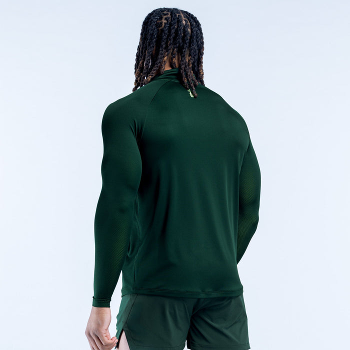 Dark green quarter-zip long-sleeve pullover, back view with zip collar
