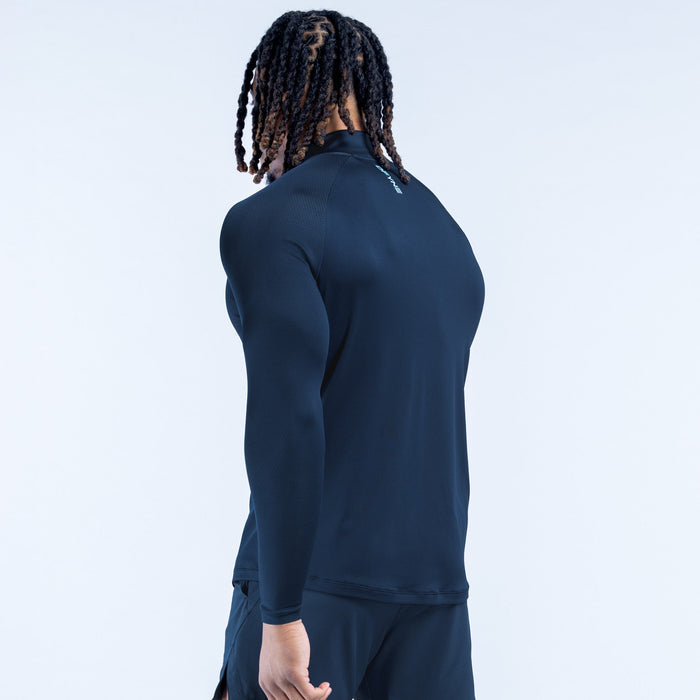 Dark navy quarter-zip pullover with long sleeves, back view, athletic fit