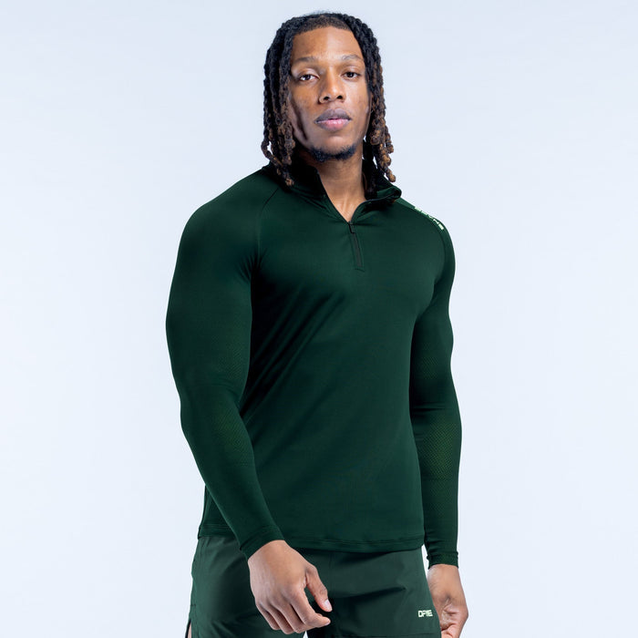 Dark green quarter-zip pullover with long sleeves and zip neck