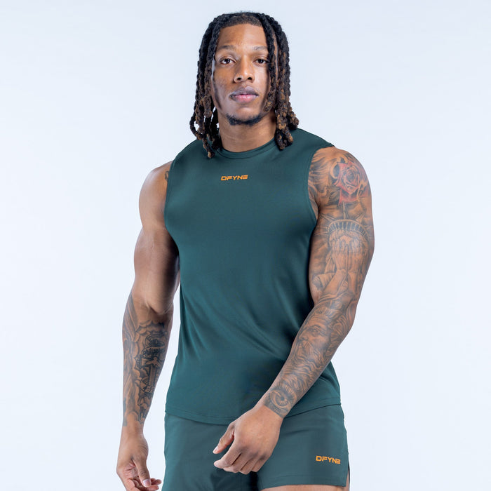 Unbound tank in deep green with crew neckline; small chest logo