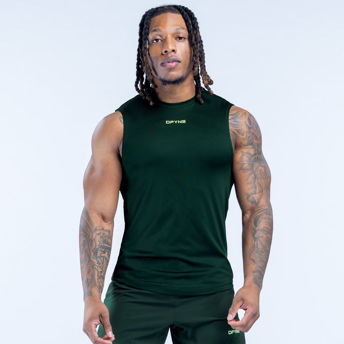 Dark green sleeveless tank top with crew neck and small chest logo