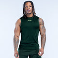 Dark green sleeveless tank top with crew neck and small chest logo