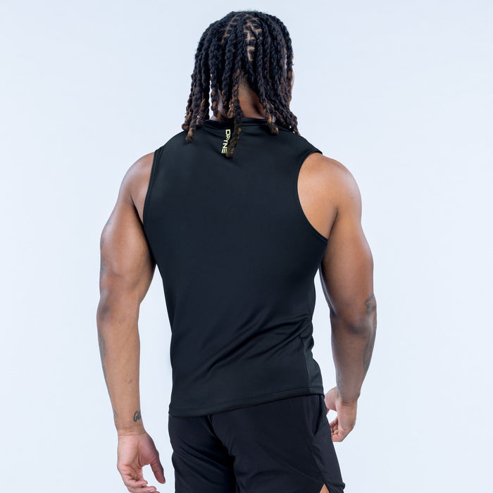Black sleeveless tank top with crew neck, high back, back view