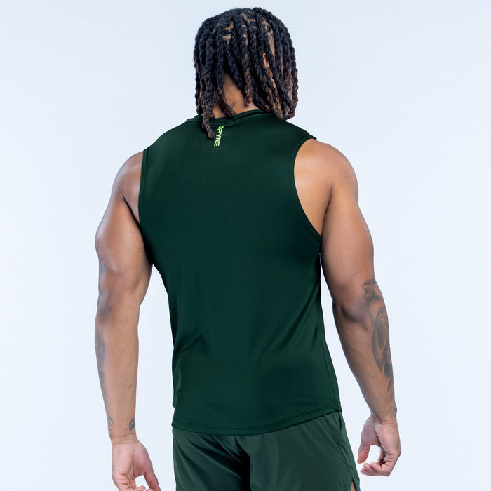 Dark green sleeveless tank top, back view with small neck label