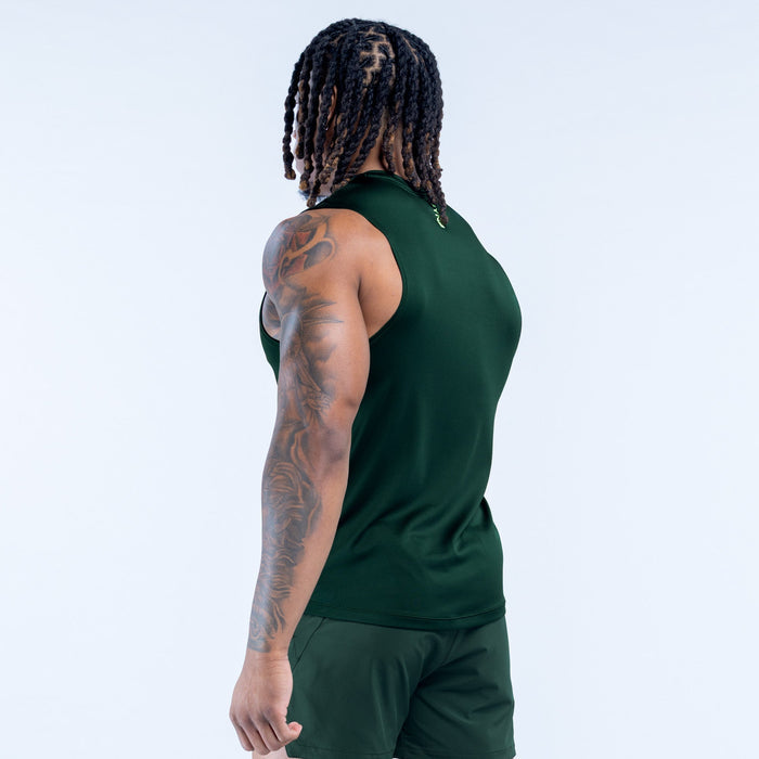 Dark green sleeveless tank top, side view showing full back