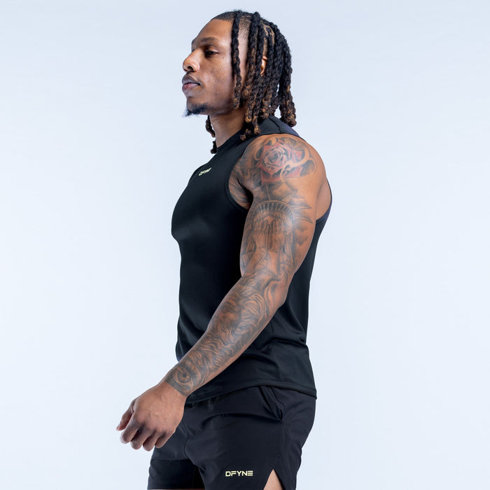 Black sleeveless tank top with crew neck, side view