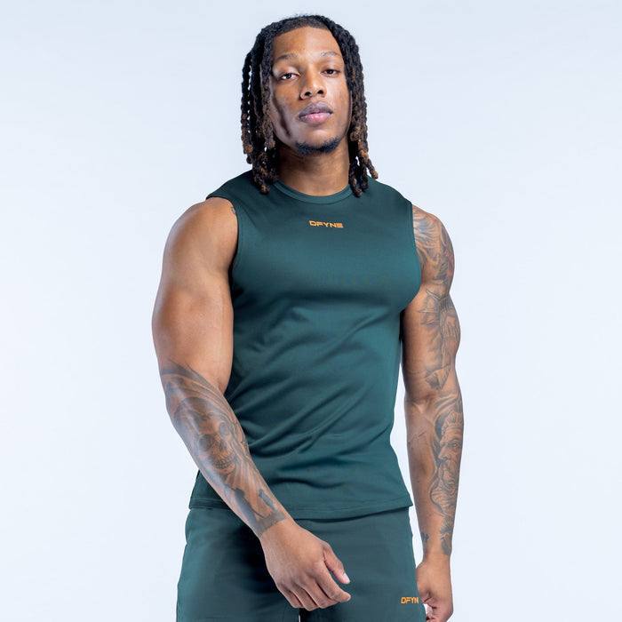 Unbound tank, sleeveless deep green; small chest logo and fitted hem