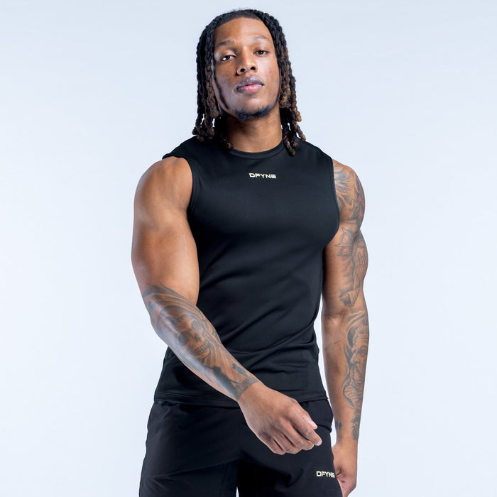 Black sleeveless tank top with crew neck and center chest logo, side view
