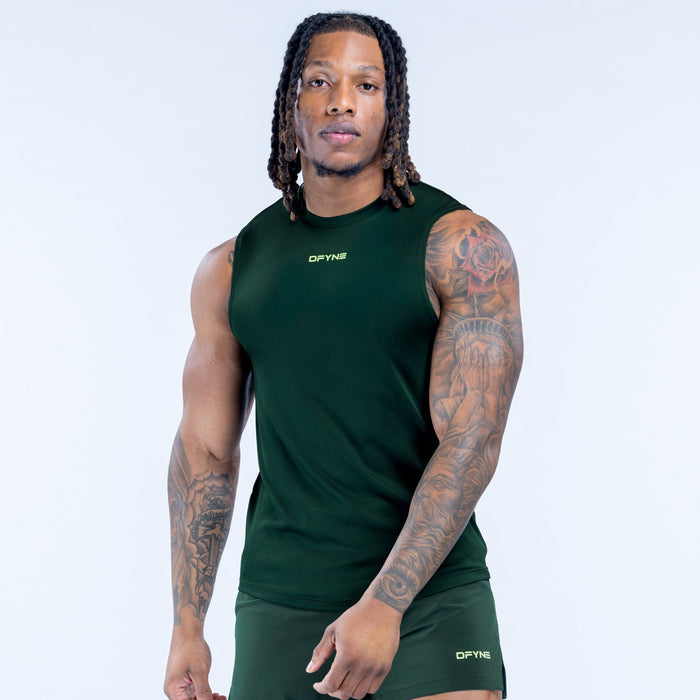 Dark green sleeveless tank top with crew neck, logo on hem