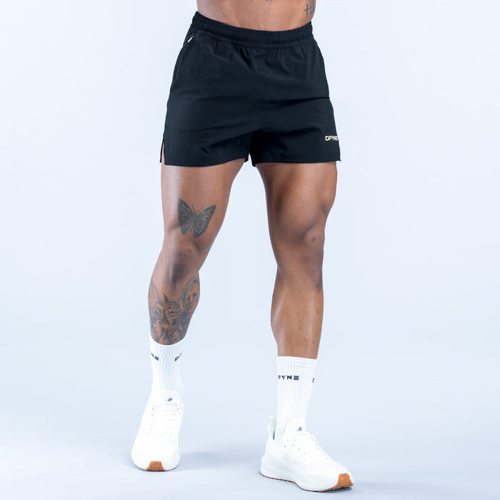 Men's black training shorts with elastic waistband and small side logo, above-knee