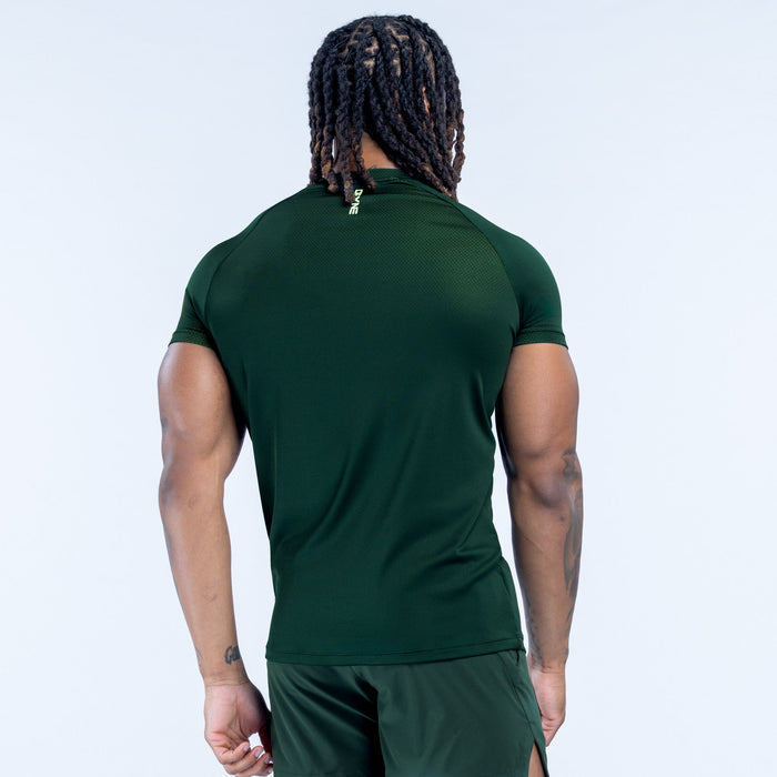 Dark green training t-shirt, back view with small collar logo