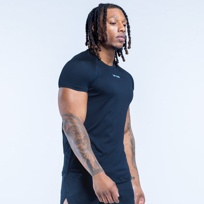 Men's training T-shirt in dark navy, short sleeves and crew neck, side view