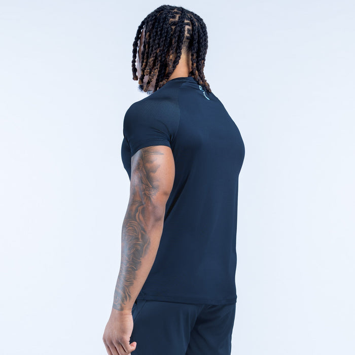 Men's training T-shirt in dark navy, back side view with logo near collar