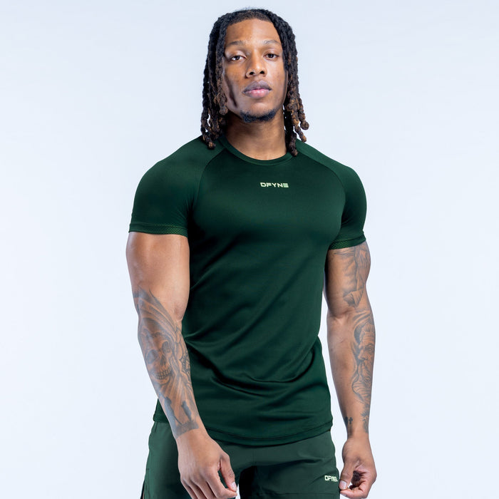Dark green training t-shirt with crew neck, short sleeves, and small chest logo