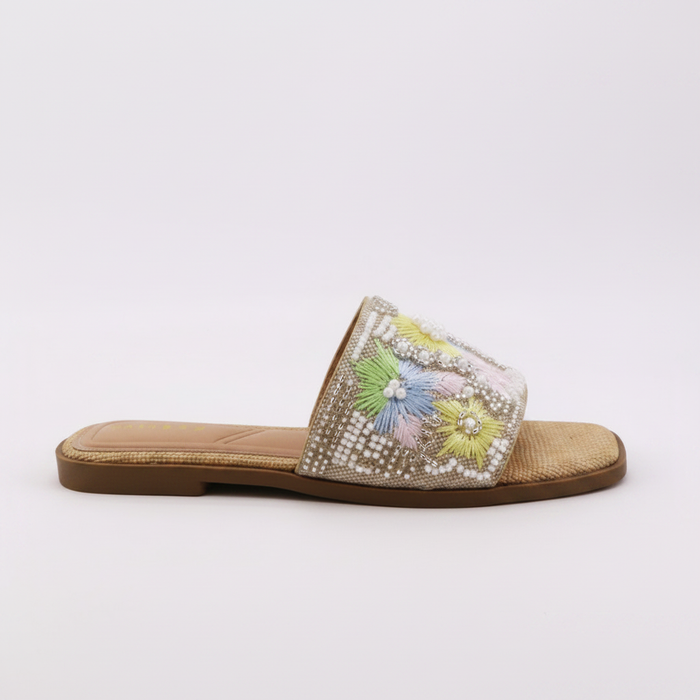Beige-Multi Slide – Hand-Embroidered Floral Flat Sandal