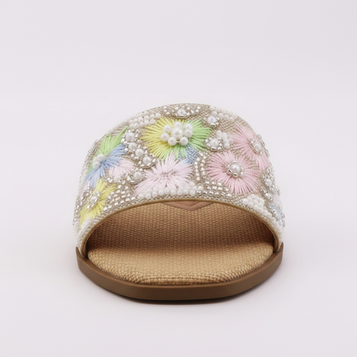 Beige-Multi Slide – Hand-Embroidered Floral Flat Sandall