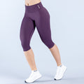 Women's dark purple capri leggings with straight waistband, 3/4 length