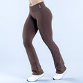 Brown flared leggings, side view, flared at ankles