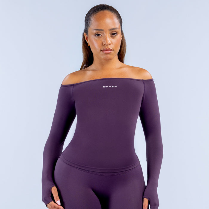 Deep purple off-shoulder long sleeve top with DYFNE logo on chest