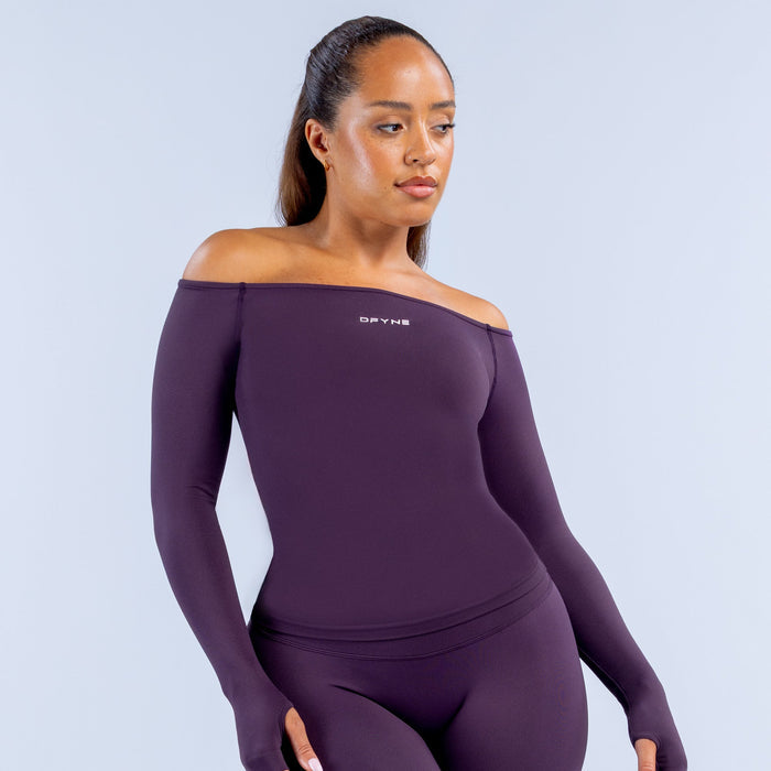 Deep purple off-shoulder long sleeve top with DYFNE logo on chest