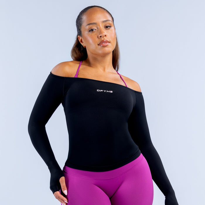 Black off-shoulder long sleeve top with wide neckline
