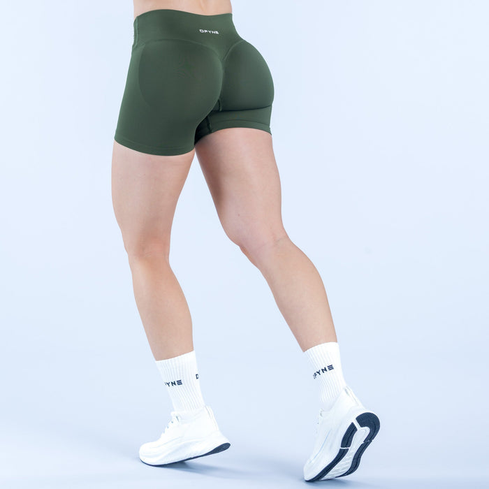 Dark green 4.5 in athletic shorts, back view, with small logo detail